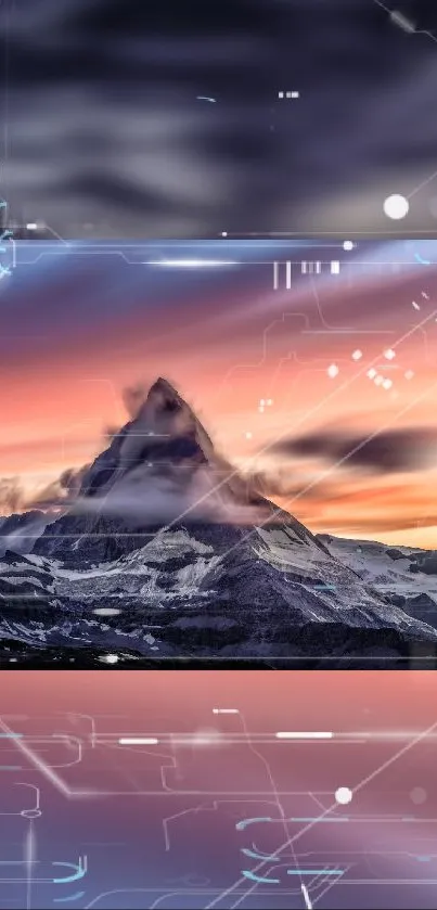 Digital mountain sunset with tech elements.