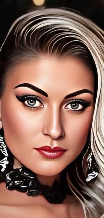 Digital art portrait of a woman with striking features and elegant style.