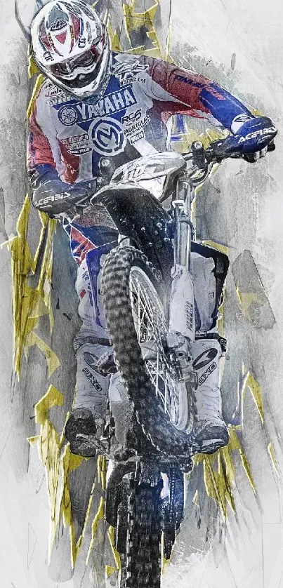 Motocross rider performing a stunt on a dirt bike with a dynamic backdrop.