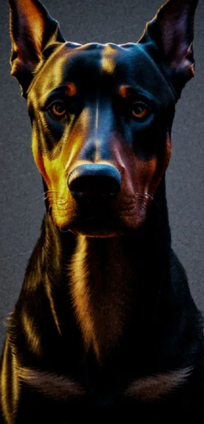 Illustrated Doberman with vibrant lighting on a dark background.