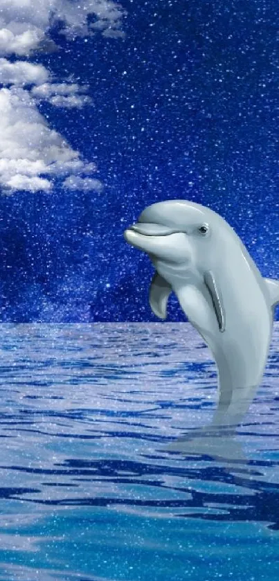 Dolphin leaping in a blue galaxy background.
