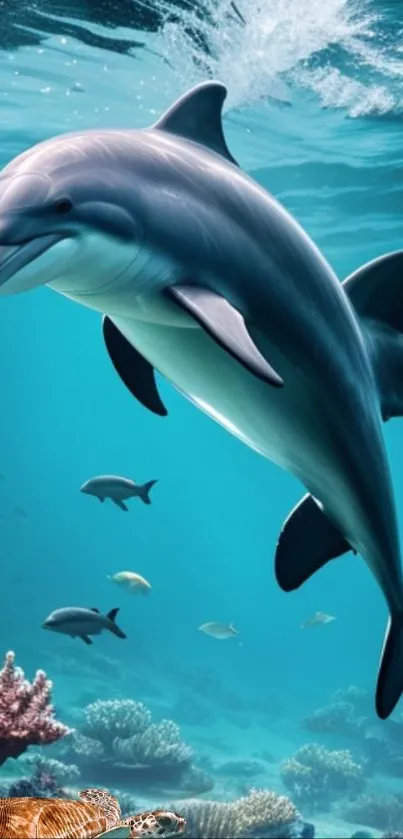 Majestic dolphin swimming underwater in a colorful coral reef scene.