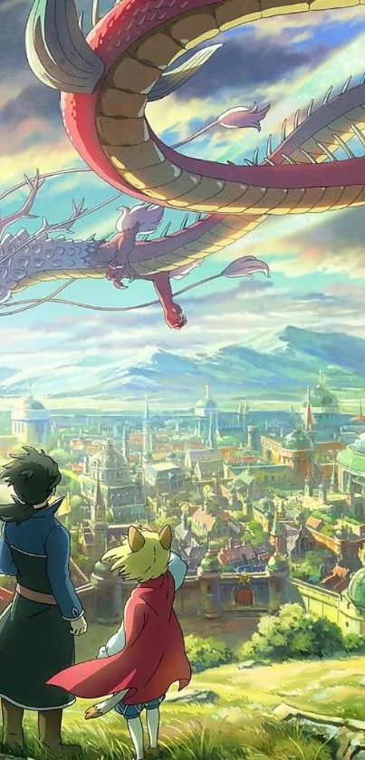 Anime fantasy cityscape with dragon flying overhead.