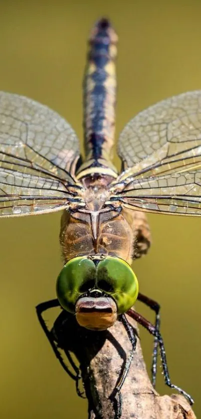 Close-up of a green dragonfly with detailed wings perched on a branch.