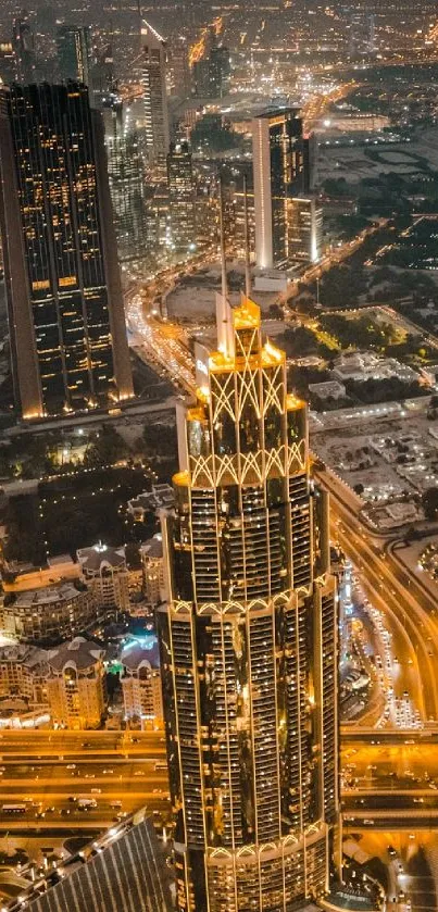 Aerial view of Dubai skyscrapers at night.