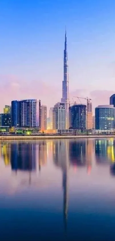 Vibrant Dubai skyline with waterfront reflections.