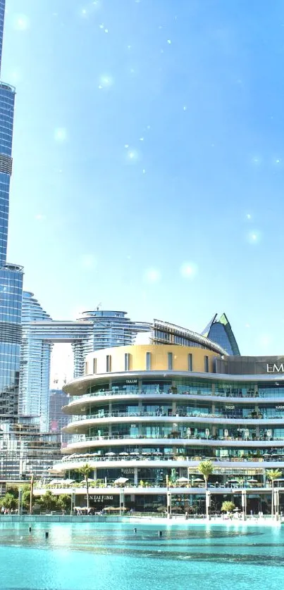 Dubai skyline with tall buildings and waterfront under a clear blue sky.