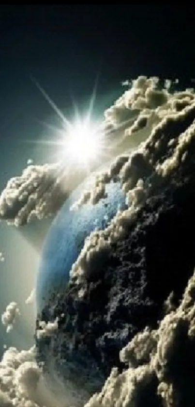 Earth with sunburst and clouds wallpaper.