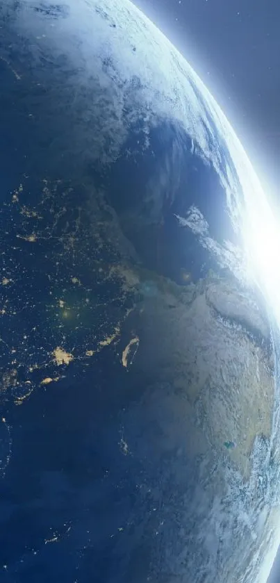 Breathtaking view of Earth and Moon from space with dark blue cosmic scenery.