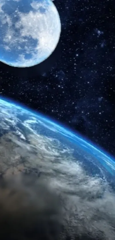 Earth and moon captured in a stunning cosmic scene with a deep blue sky.