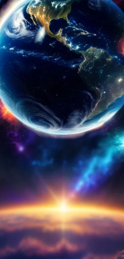 Dazzling Earth and space scene with vibrant colors.