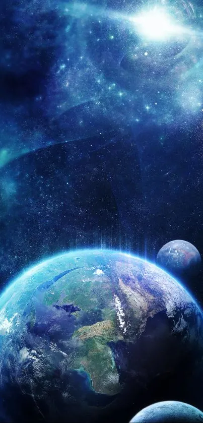 Earth and cosmic scene wallpaper with vibrant blue hues and distant planets.