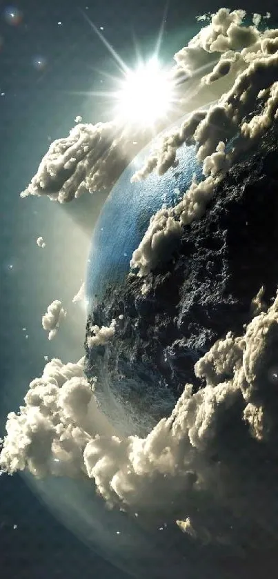 Earth with sun and clouds in space, mobile wallpaper.