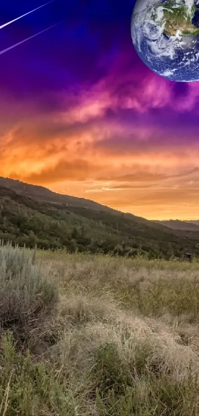 Vivid sunset landscape with Earth visible in the sky and person admiring the view.