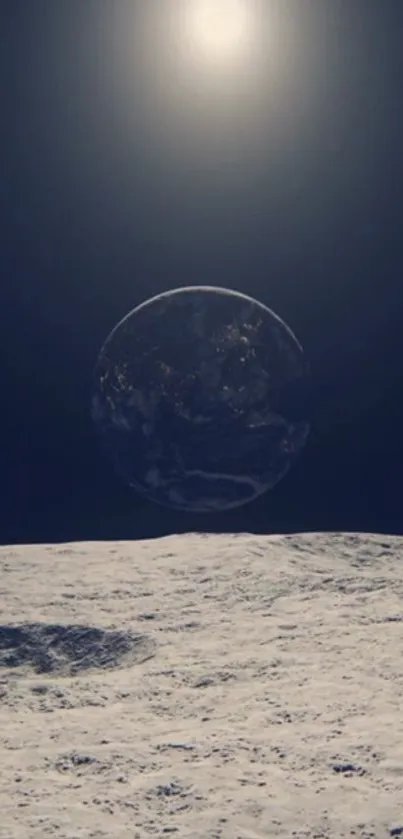 View of Earth from the Moon with a cosmic background.