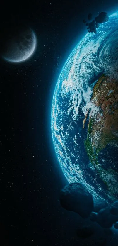 Earth from space with moon and asteroids backdrop.