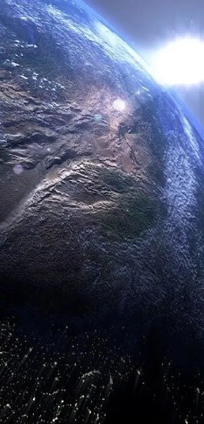 Dynamic view of Earth from space with vibrant blue hues and glowing sunlight.