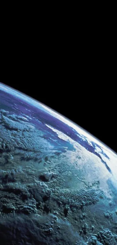 Mobile wallpaper showing Earth from space with deep blues and black background.