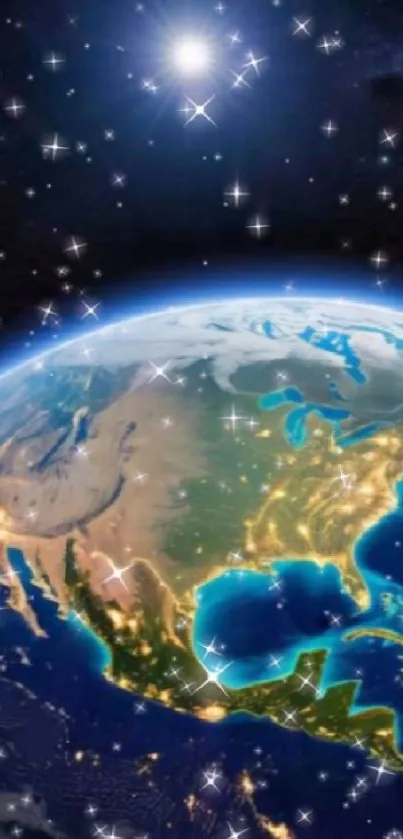 Mobile wallpaper featuring Earth from space with a starry background.