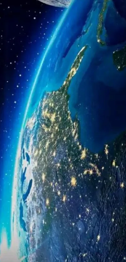 A stunning view of Earth from space, showcasing vibrant blues and city lights.