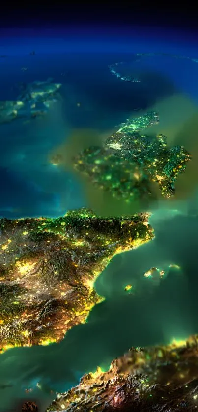 Earth's night view from space with glowing cities and deep oceans.