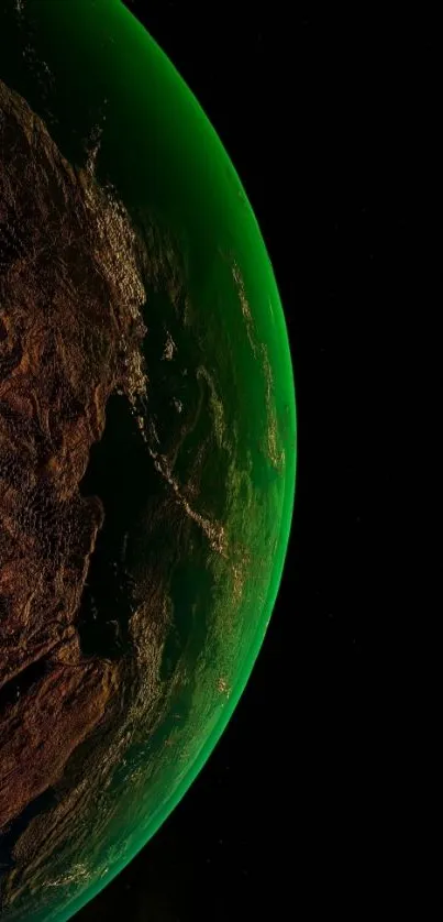 Vivid Earth view from space with detailed surface and green atmosphere.