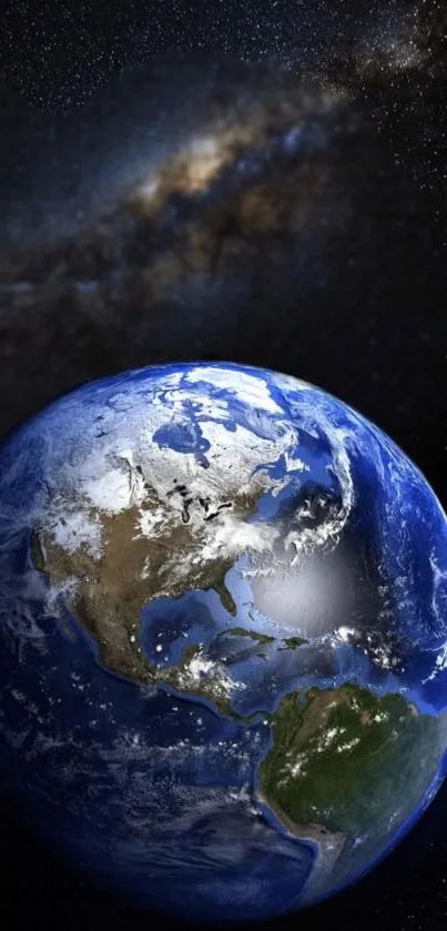 Breathtaking view of Earth from space with starry galaxy background.