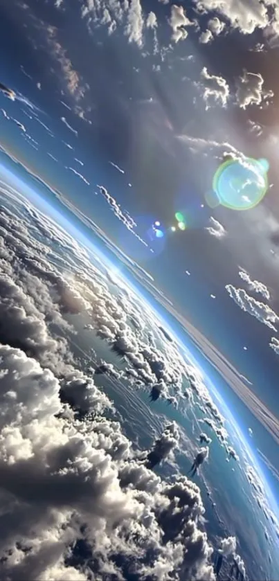 Stunning view of Earth from space with clouds and sunrise.