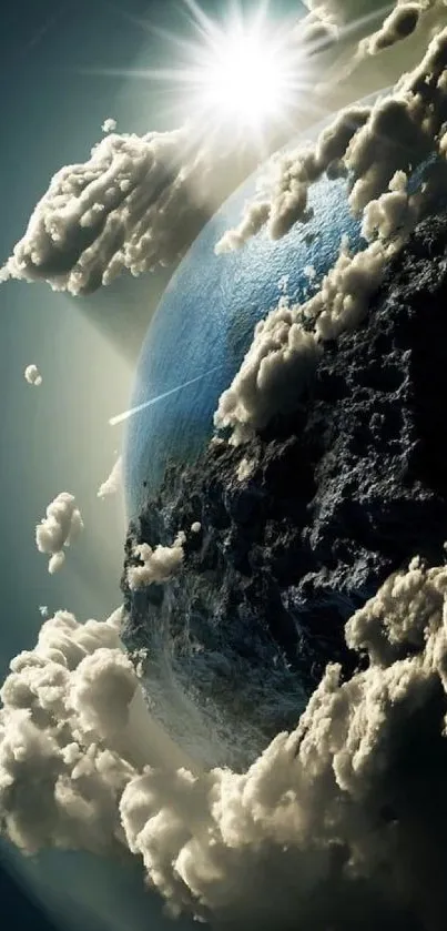 Earth from space with stunning clouds and sunlight.
