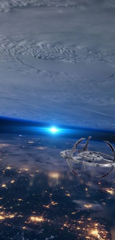 A stunning view of Earth from space with city lights and a blue horizon glow.