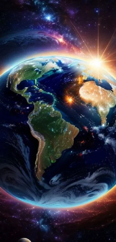 Bright Earth with sunburst in background, viewed from space.