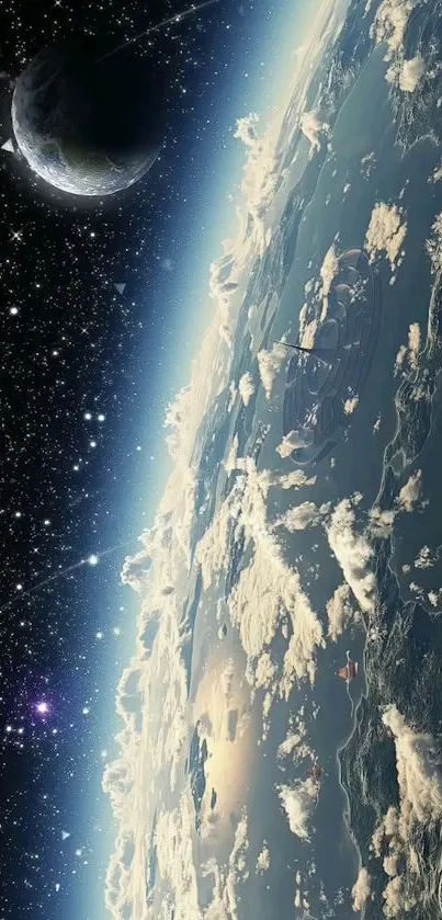 Mobile wallpaper featuring Earth from space with a starry sky and cosmic view.