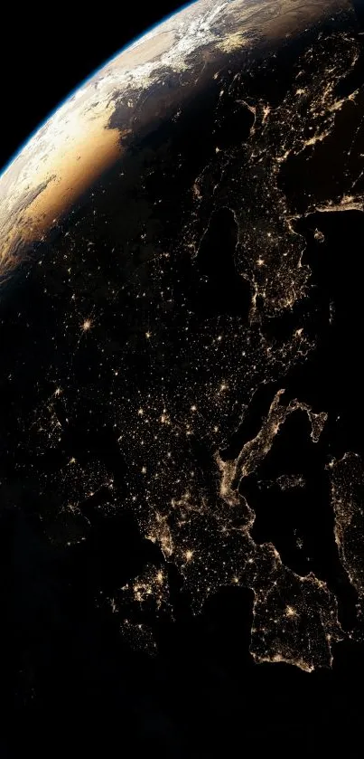 Mobile wallpaper of Earth from space showing glowing city lights.