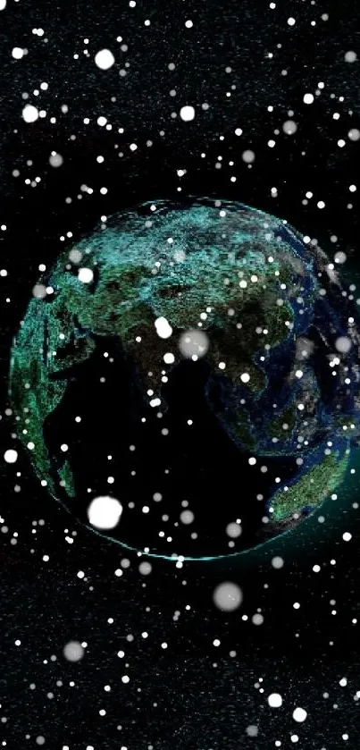 View of Earth in space with surrounding stars.