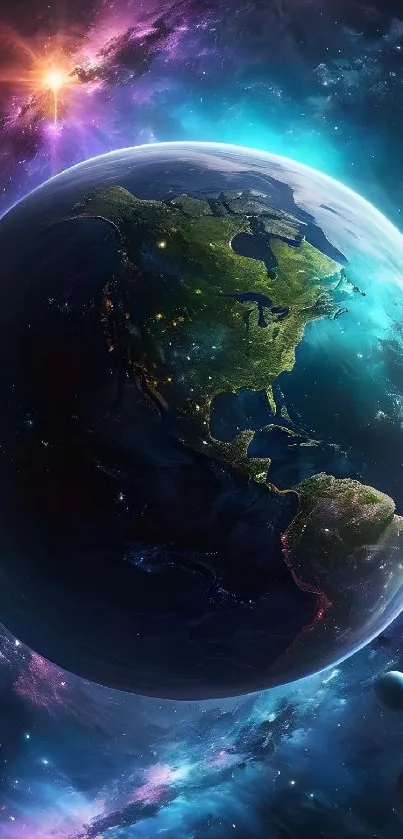Colorful Earth viewed from space with a cosmic background.
