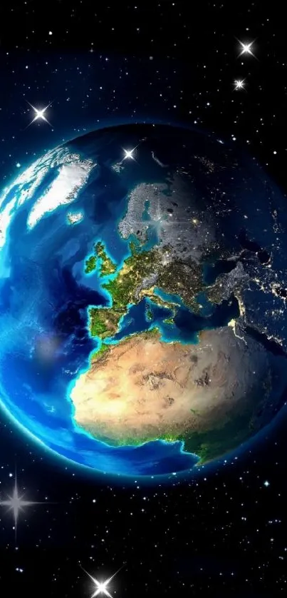 Vivid view of Earth from space, showcasing continents against a dark blue universe.