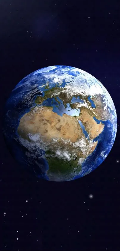 Earth from space mobile wallpaper with starry background.