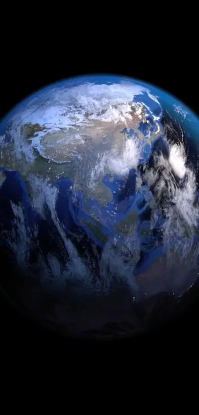 A stunning view of Earth from space with vibrant ocean blues and swirling white clouds.