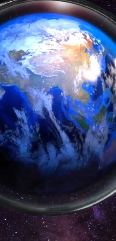 Blue Earth viewed from space with a cosmic background.