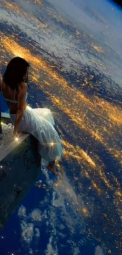 A woman sits on a ledge overlooking Earth from space, illuminated by city lights.