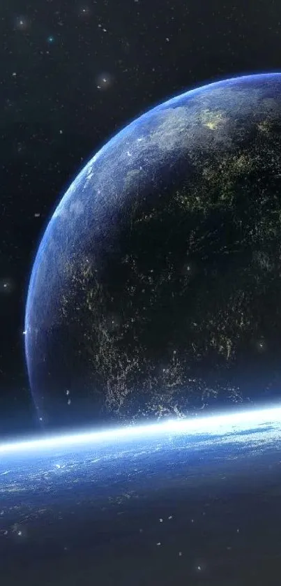 Mobile wallpaper of Earth from space with a starry sky.