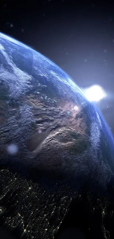 Mobile wallpaper showing Earth from space with sunlight.