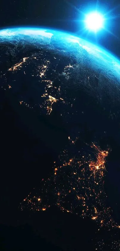 Stunning view of Earth from space with glowing city lights.