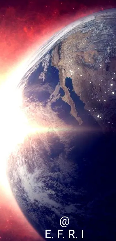 Earth viewed from space with cosmic sunrise effect.