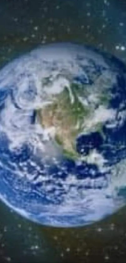 Realistic view of Earth from space with starry backdrop.