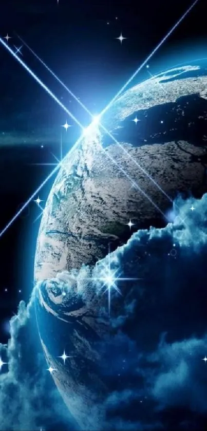 Beautiful view of Earth from space with stars and a dark blue background.