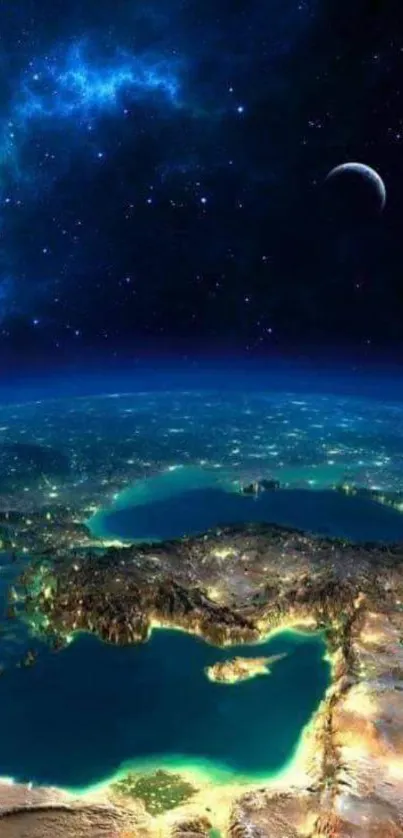 Stunning view of Earth from space with a crescent moon and starry sky.