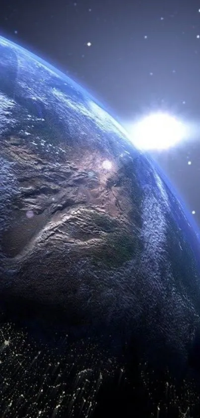 View of Earth from space with sunlight and stars.