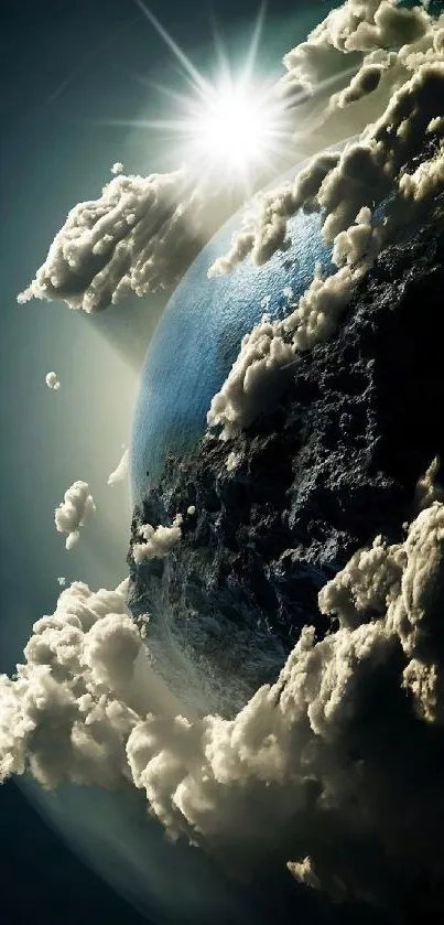 Earth seen from space with clouds and sunlight in a captivating wallpaper.