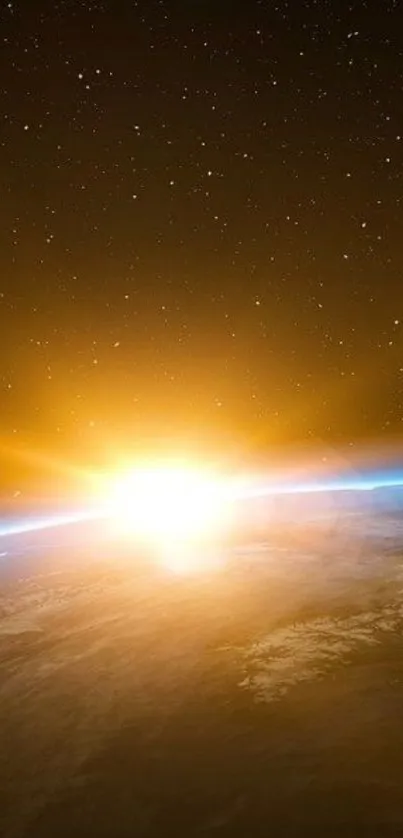 Sunrise over Earth with a starry sky and bright orange glow.